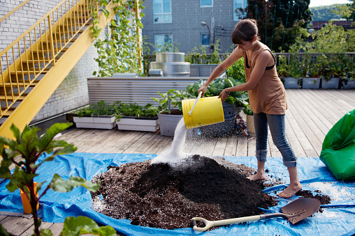 Youg women mixing soil and compost in a rooftop community garden in Montreal Quebec Canada