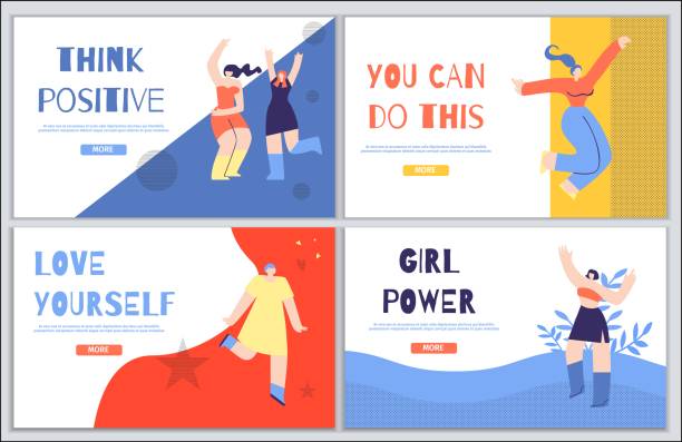 Woman Inspirational Landing Page Set in Flat Style Woman Inspirational Landing Page Flash Design Set. Banner with Motivate Text Think Positive You Can Do This Love Yourself Girl Power. Cartoon Happy Admired Girl Characters Vector Illustration Style admired stock illustrations