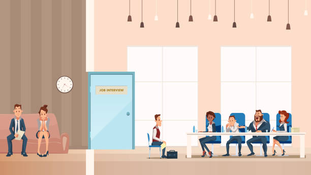 Employee on Sofa. Job Interview Process in Office Employee on Sofa. Job Interview Process in Office. People Wait in Corridor. Manager Boss in Formal Suit Talk to Male Candidate Character. Coworking Space. Cartoon Flat Vector Illustration interview event patterns stock illustrations