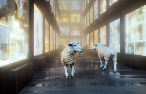 Background from artificial sheep's heads on a brick wall in the interior