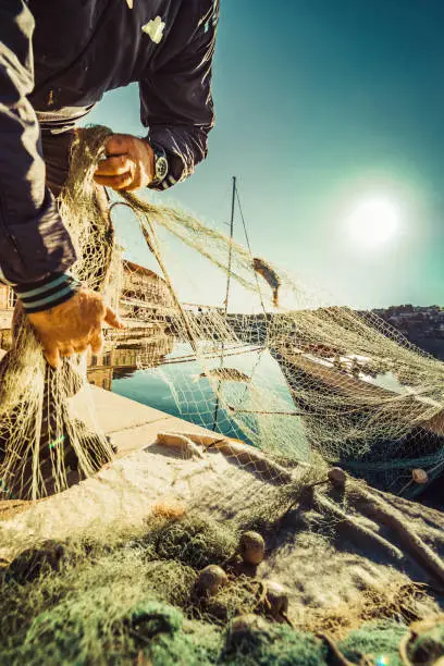 Fisherman in the morning cleaning the fishnet from the fish.