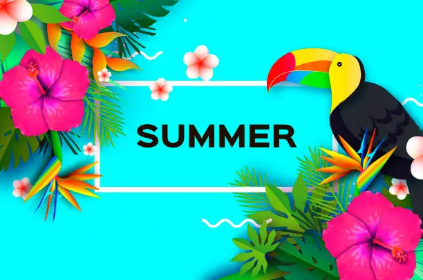 Vector illustration of Toucan, Hibiscus Flowers and Palm Leaves. Tropical Summer. Frangipani - Plumeria in Paper cut art. Bird of paradise. Rectangle frame. Text. Origami jungle. Spring blossom. Exotic Banner.
