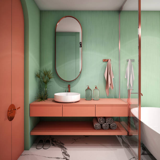 diseño interior moderno del baño, renderizado 3d, ilustración 3d - colores para tu baño fotografías e imágenes de stock