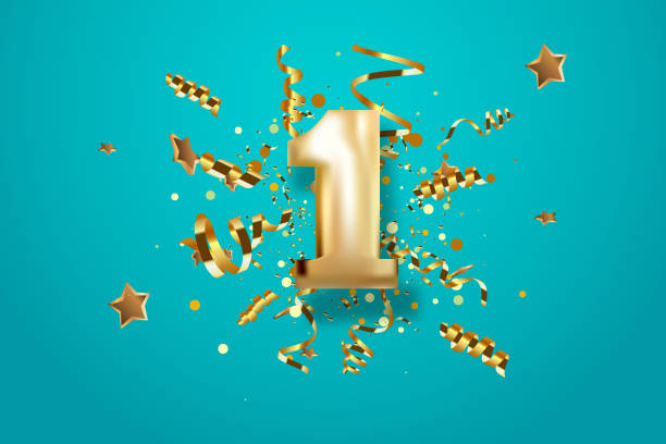 ilustrações de stock, clip art, desenhos animados e ícones de first anniversary celebration. golden number 1 with sparkling confetti, stars, glitters and streamer ribbons. vector festive illustration. - streamer celebration anniversary backgrounds