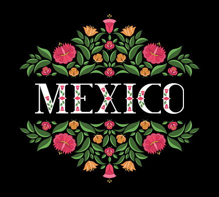 ✓ Imagen de Vector de ilustración de Oaxaca, México. Fondo negro con patrón  floral tradicional de adorno de bordado mexicano para bandera de viaje,  postal turística, diseño de tarjeta de recuerdo. Fotografía