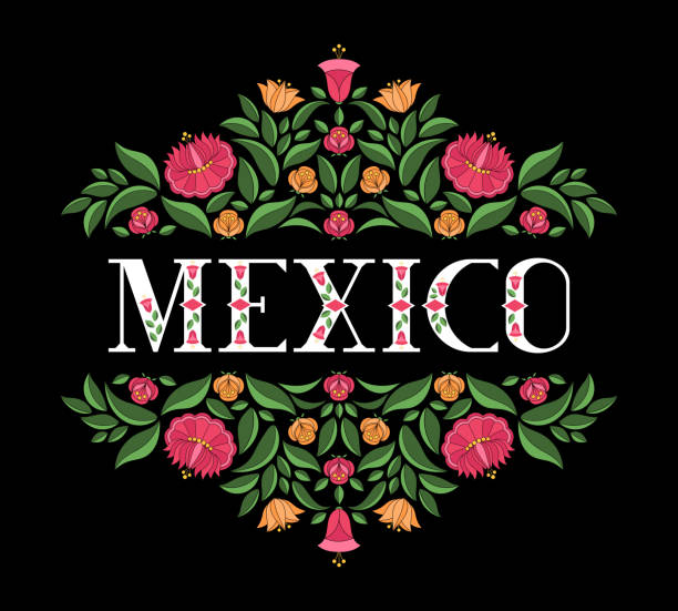 illustrazioni stock, clip art, cartoni animati e icone di tendenza di vettore illustrazione messico. sfondo con motivo floreale da ornamento floreale tradizionale messicano ricamo - mexico mexican culture cinco de mayo art