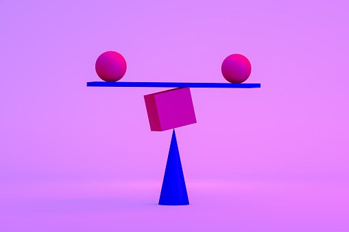 Balance with geometric shapes on gradient colorful background. Neon colors.