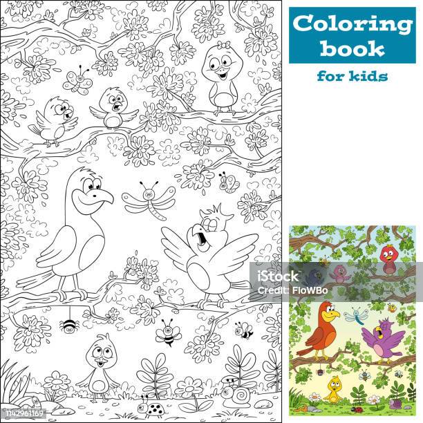 Coloring Book With Birds Stock Illustration - Download Image Now - Cartoon, Tree, Animal