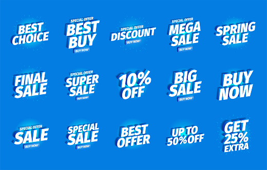 Sale offers set. Advertising promotion poster set. 3d letters on a blue background. Special offer slogan, super call for purchases offers. Vector color Illustration text, word marketing clipart.