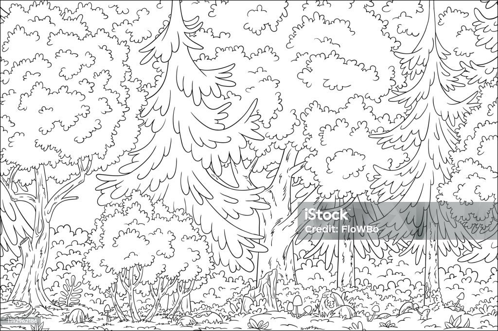 Coloring Book Landscape Coloring book landscape. Hand draw vector illustration with separate layers. Forest stock vector