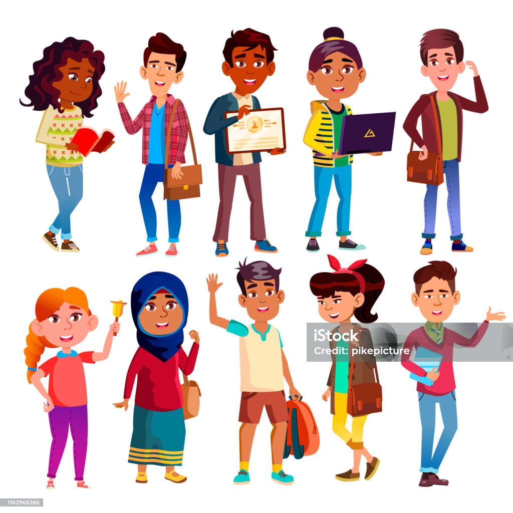 Highschool Pupils, Teenagers Vector Cartoon Characters Set Highschool Pupils, Teenagers Vector Cartoon Characters Set. Highschool Lifestyle, International Education, Happy Boys And Girls. Smiling College Friends, University Students Flat Illustrations Pack Education stock vector