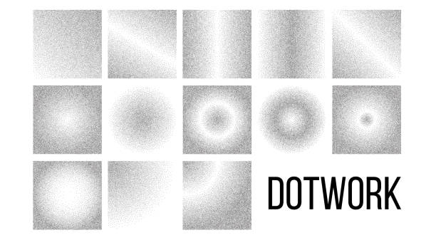 Dotwork, Black And White Gradient Vector Backdrop Set Dotwork, Black And White Gradient Vector Backdrop Set. Dotwork Art Texture Pack. Monochrome Decorative Pattern Collection. Grey Background With Diffusion Effect. Dotted Style Halftone Illustrations pointillism stock illustrations