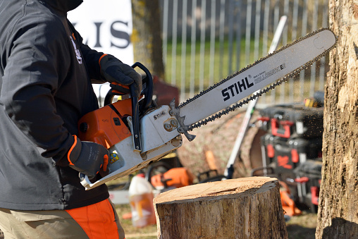 Kaunas, Lithuania - April 04: Stihl chainsaw in Kaunas on April 04, 2019. Stihl is a German manufacturer of chainsaws and other handheld power equipment