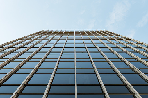 Bottom view of a skyscraper in Seattle on a clear day, Washington, USA.