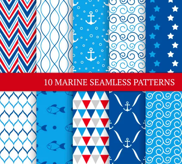 Vector illustration of Ten marine different seamless patterns. Vector illustration for nautical design. Endless texture can be used for fills, web page background, surface. Set of sea  backdrop with wave, anchors and fishes