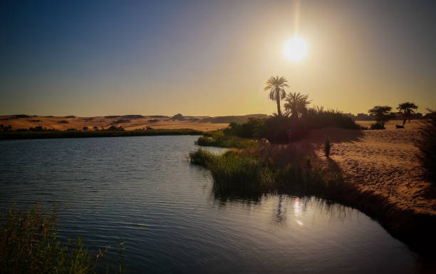 Panoramic view to Boukkou lake group of Ounianga Serir lakes at the Ennedi, Chad Panoramic view to Boukkou lake group of Ounianga Serir lakes at sunrise , Ennedi, Chad lakes of ounianga photos stock pictures, royalty-free photos & images
