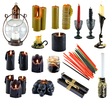 Design set with burning black red and colorful candles isolated on white. Wicca, esoteric, divination and occult concept with vintage magic objects for mystic rituals