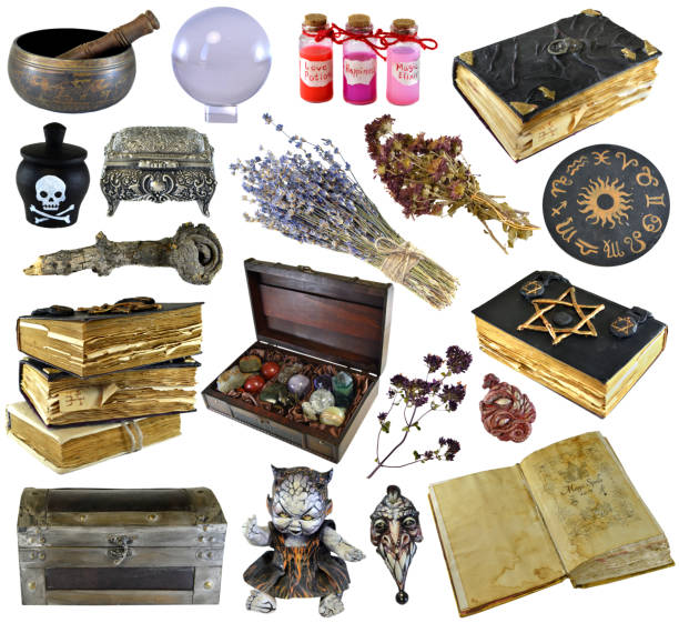 Design set with old books, ancient manuscript,  witch herbs, potion isolated on white