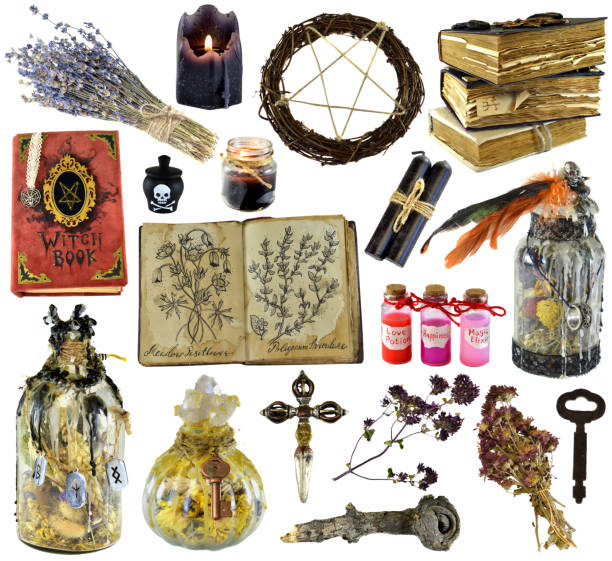 istock Design set with witch book, magic bottle, herbs, black candle isolated on white 1142974567