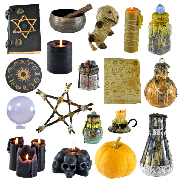 istock Design set with pentagram, pumpkin, witch book, black candle isolated on white 1142974619