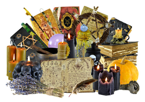 istock Design collage with group of magic ritual objects, witch book, candles isolated on white 1142975488