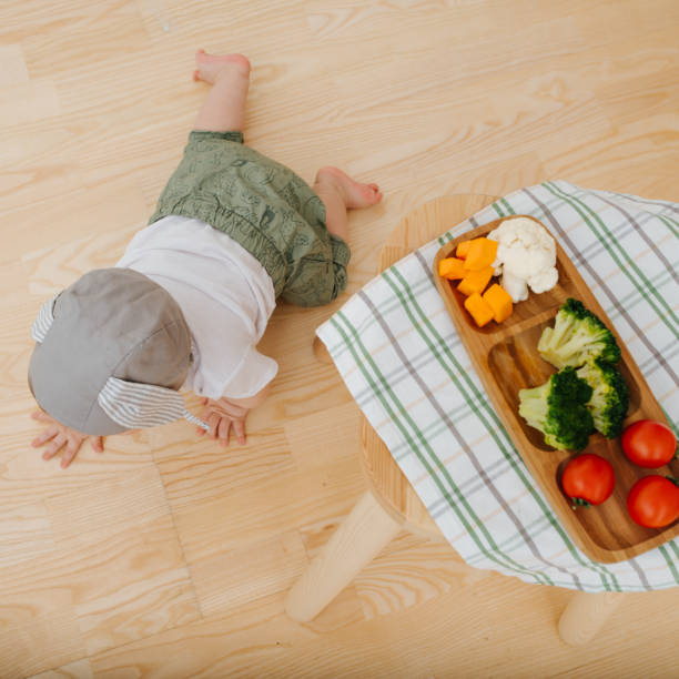 istock Active restless infant child is presented food. Crawls near his dinner setting. 1142977663