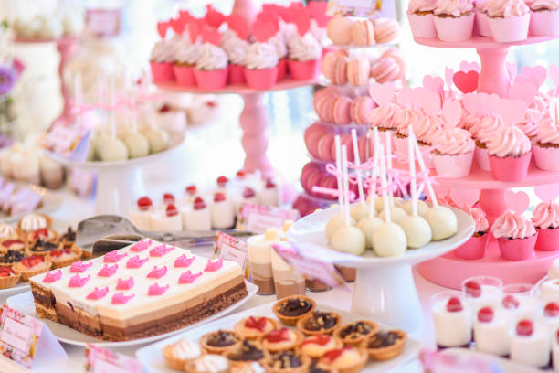 istock Candy bar with delicious pink sweets 1142977813