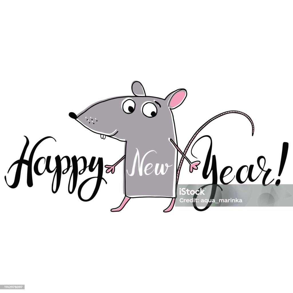 Cute Cartoon Rat And Wish A Happy New Year In English Vector ...