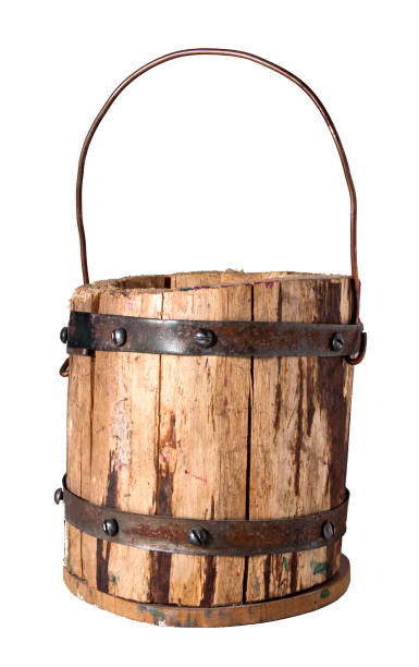 Wooden bucket fastened with metal hoops, with a metal handle. Handwork. Decorative element.