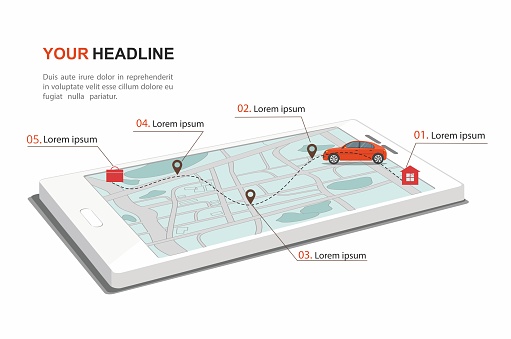 Red car rides on the route home-work. Navigator on smartphone. Isometric vector infographic