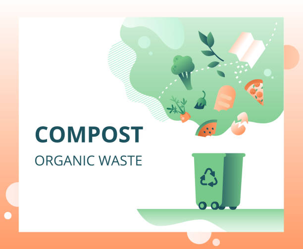 illustrazioni stock, clip art, cartoni animati e icone di tendenza di bidone della spazzatura verde e rifiuti organici in caduta per il compostaggio. - spreco alimentare