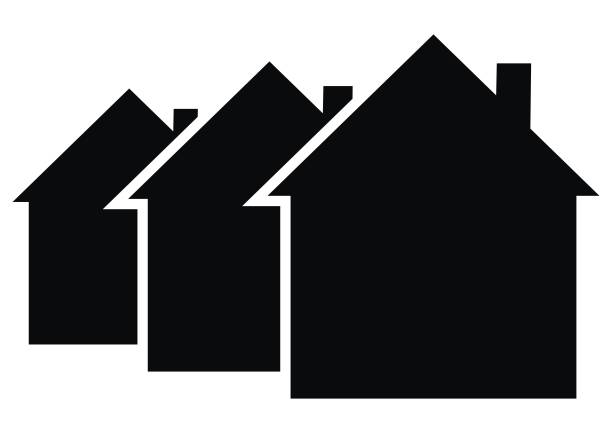 Three black houses, vector icon Three black houses, vector icon. Black silhouette of houses with smoke stacks. Business icon for housing construction. estate stock illustrations