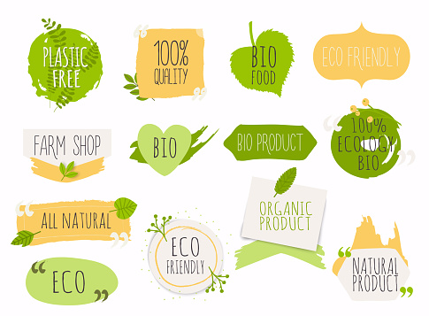 Collection of green labels and badges for organic, natural, bio and eco friendly products. Vintage vector,green colors.