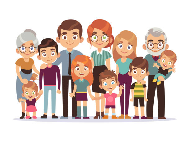 Big family portrait. Happy people character lifestyle mother father children grandparents teenagers kids dog, vector illustration Big family portrait. Happy people character lifestyle mother father children grandparents teenagers kids dog with smiling face, vector illustration vector love care old stock illustrations