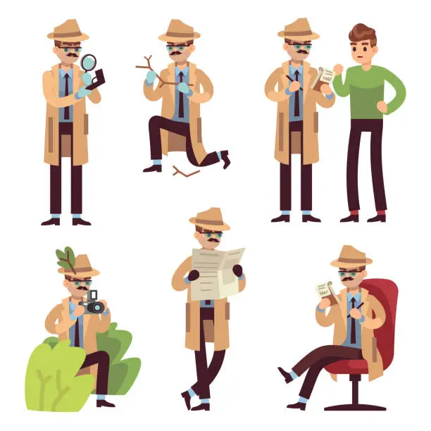 Vector illustration of Detective character. Police inspector looking crime photographing case search secret agent solving spy detect cartoon vector isolated