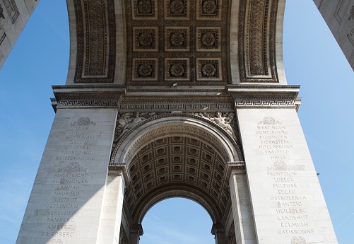 Roof of Arc de Triomphe in Paris, France. Shapes formed by shadows thrown by bright sunlight and arches showing blue sky.
