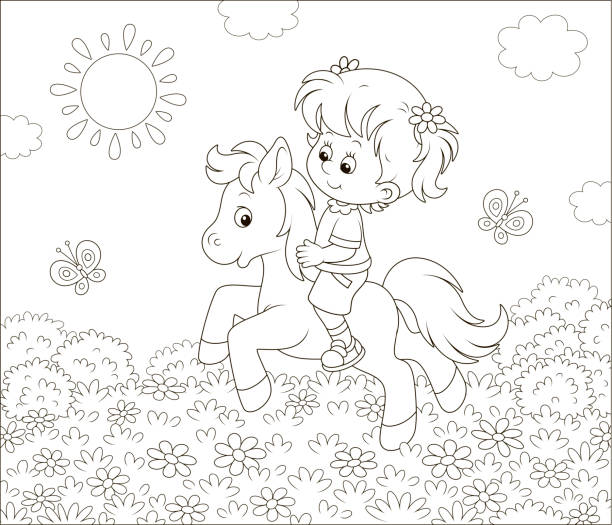 маленькая девочка верхом на пони в солнечный день - horse child pony little girls stock illustrations