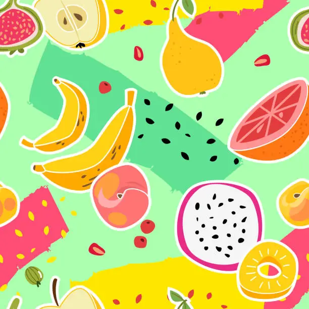 Vector illustration of Fruit print. Fruits seamless pattern fresh food nature vitamin healthy eating colorful summer texture trendy cartoon vector background