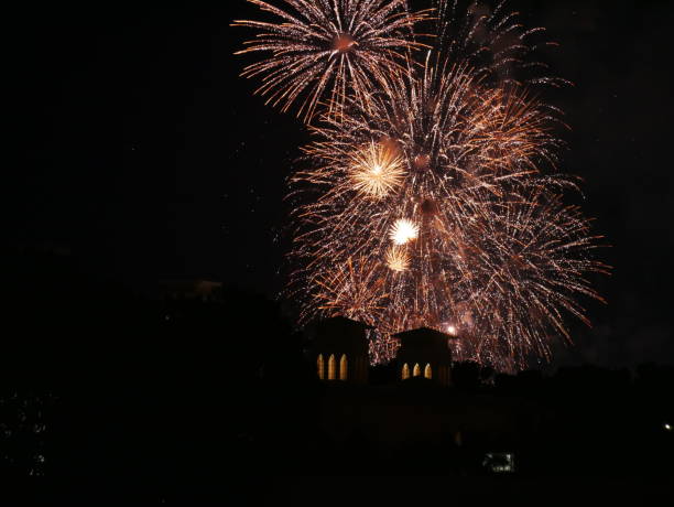 istock Gigantic fireworks with oriental building 1142992994