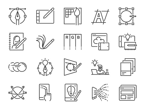 Digital design line icon set. Included icons as graphic designer, layout, tablet, mobile app, web design and more.