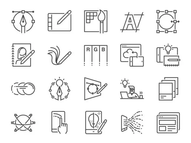 Vector illustration of Digital design line icon set. Included icons as graphic designer, layout, tablet, mobile app, web design and more.