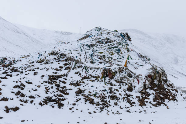 khatas bianchi innevati (o khatag) e bandiere di preghiera colorate al passo di montagna nagenla (o la ghan la) innevato sul nord dei monti nyenchen tanglha, damxung, lhasa, tibet - ghan pass foto e immagini stock