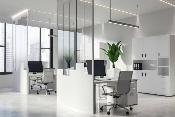 istock White and glass office with bookcases 1142994145