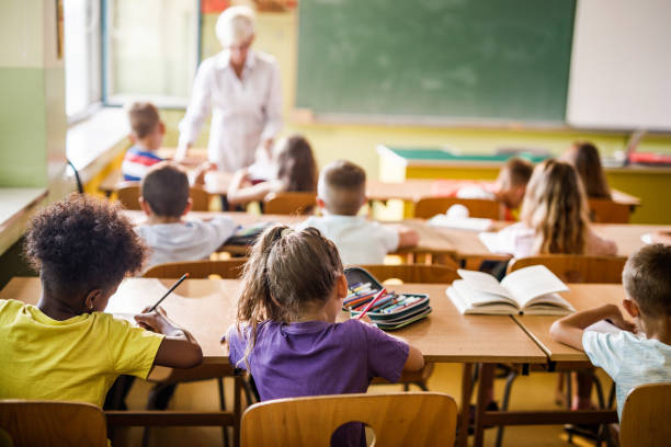 blick auf grundschüler, die eine klasse im klassenzimmer besuchen. - schulkind stock-fotos und bilder