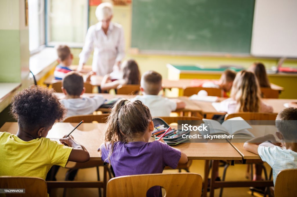 Rear view of elementary students attending a class in the classroom. Back view of large group of school kids having a class in elementary school. Classroom Stock Photo