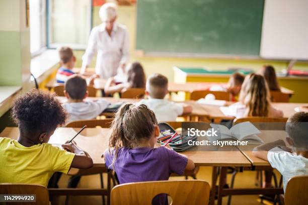 Rear View Of Elementary Students Attending A Class In The Classroom Stock Photo - Download Image Now