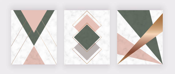istock Modern geometric marble design with golden lines, pink and green triangles and hexagons shapes. 1142999689