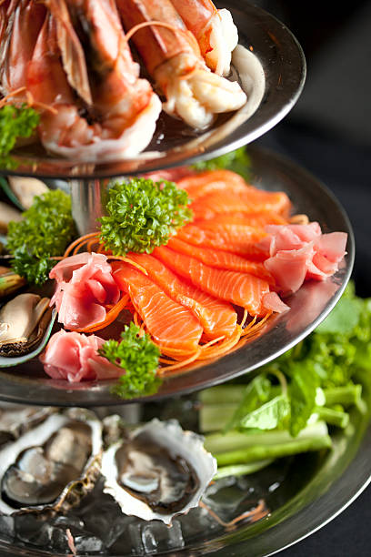 Tray of fresh seafood, Prawns, salmon, mussels and oysters