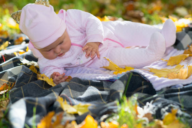 istock Curious baby laying on rug amongst fall leaves 1143002066