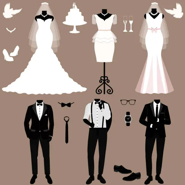 Vector illustration of Wedding card with the clothes of the bride and groom. Wedding set.